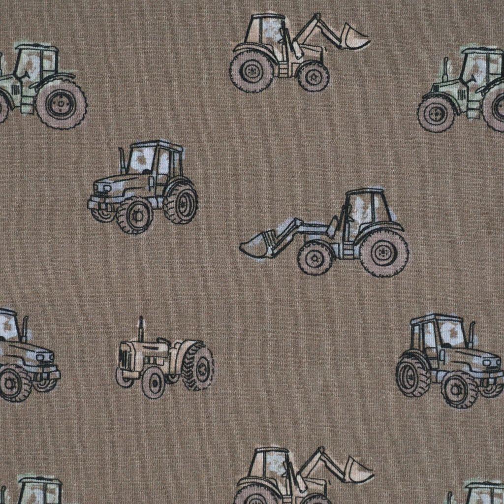 Baumwolljersey Trecker Traktoren auf taupe braun